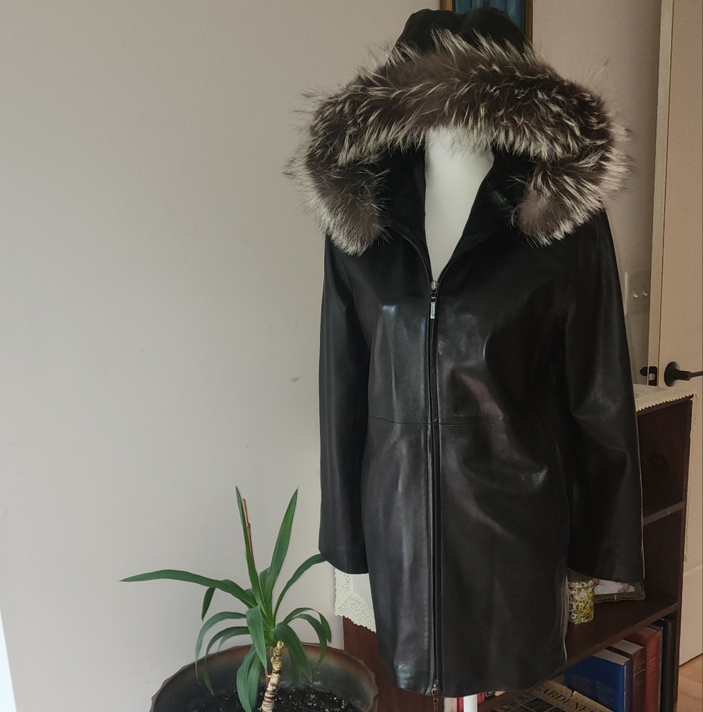Siena Black Hooded Parka Leather Jacket, Size M